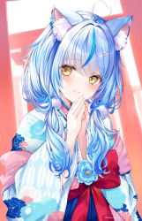 Rule 34 | 1girl, ahoge, animal ear fluff, animal ears, blue hair, blush, cat ears, commentary request, floral print, heart, heart ahoge, highres, hololive, japanese clothes, kimono, looking at viewer, official alternate costume, own hands together, smile, solo, soraneko hino, torii, twitter username, upper body, virtual youtuber, yellow eyes, yukihana lamy, yukihana lamy (new year)