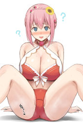 Rule 34 | 1girl, ?, @ @, aqua eyes, bare shoulders, bikini, blush, bow, bow bikini, braid, breasts, cleavage, flower, hair flower, hair ornament, large breasts, looking at viewer, m legs, nervous, open mouth, pink hair, princess connect!, red bikini, simple background, solo, sunflower, sunflower hair ornament, sweatdrop, swimsuit, thighs, white background, white bow, yue (show-ei), yui (princess connect!), yui (summer) (princess connect!)