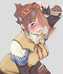 Rule 34 | 1boy, 1girl, black gloves, black pantyhose, blush, breasts, brown eyes, brown hair, censored, clothed female nude male, eyebrows, fingerless gloves, fingernails, folded ponytail, ganguro (zerodigiporu), gloves, grey background, hairband, handler (monster hunter world), highres, lips, medium breasts, monster hunter, monster hunter: world, monster hunter (series), mosaic censoring, nose, nose blush, nude, open mouth, orange hairband, pantyhose, penis, penis on face, penis over one eye, penis under another&#039;s clothes, pink ribbon, ribbon, short hair, short sleeves, simple background, smile, solo focus, steam, sweat, tongue, tongue out, turtleneck