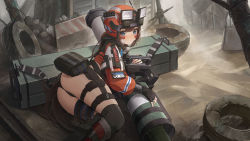Rule 34 | 1girl, :/, absurdres, ass, black socks, black thighhighs, blue eyes, blush, brown hair, closed mouth, commentary, english commentary, facial mark, feet out of frame, goddess of victory: nikke, hair between eyes, helmet, highres, holding, id card, kneehighs, looking at viewer, lunia, lying, mica (nikke), mika, on side, project nikke, rifling, socks, solo, thighhighs, thighs, tire