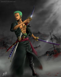 Rule 34 | 1boy, abs, after battle, battlefield, blood, blood from mouth, blood on face, corpse, death, dual wielding, earrings, green hair, highres, holding, jeannette11, jewelry, katana, male focus, one-eyed, one piece, roronoa zoro, scar, sheath, sheathed, short hair, signature, solo focus, sword, watermark, weapon, web address