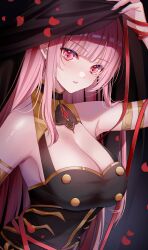Rule 34 | 1girl, black nails, blunt bangs, breasts, falling petals, fingernails, highres, hololive, hololive english, large breasts, long hair, looking at viewer, mori calliope, parted lips, petals, pink eyes, pink hair, shirase rin, solo, upper body, virtual youtuber