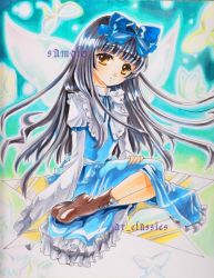 Rule 34 | 1girl, at classics, black hair, bow, brown eyes, bug, butterfly, dress, fairy, female focus, frilled dress, frills, full body, gradient background, hair bow, insect, long hair, marker (medium), sample watermark, smile, solo, star (symbol), star sapphire, touhou, traditional media, watermark, wings