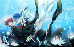 Rule 34 | 2boys, akaito, bad id, bad pixiv id, blue hair, bubble, flower, holding hands, kaito (vocaloid), lilies, male focus, multiple boys, red hair, vocaloid, water, witchonly