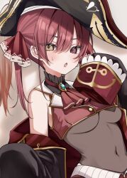 Rule 34 | 1girl, ascot, bicorne, black coat, breasts, coat, cropped jacket, hair between eyes, hair ribbon, hat, heterochromia, highres, hololive, houshou marine, jacket, leotard, looking at viewer, medium breasts, navel, open mouth, red ascot, red eyes, red hair, red jacket, ribbon, rikotan, see-through, see-through leotard, sleeveless, sleeveless jacket, sleeves past fingers, sleeves past wrists, solo, sweat, twintails, upper body, virtual youtuber, yellow eyes