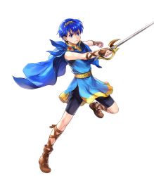 Rule 34 | 1boy, alpha transparency, attack, bike shorts, blue eyes, blue hair, boots, brown footwear, cape, closed mouth, determined, fire emblem, fire emblem: mystery of the emblem, fire emblem heroes, gem, highres, holding, holding sword, holding weapon, male focus, marth (fire emblem), matching hair/eyes, nintendo, official art, short hair, solo, sword, tiara, transparent background, tunic, wada sachiko, weapon, aged down
