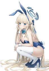 Rule 34 | 1girl, 29hyeon, absurdres, animal ears, aqua bow, aqua bowtie, bare shoulders, blonde hair, blue archive, blue footwear, blue leotard, bow, bowtie, braid, breasts, cleavage, collarbone, detached collar, fake animal ears, french braid, full body, hair bow, hair intakes, halo, high heels, highres, leotard, long hair, looking at viewer, medium breasts, official alternate costume, playboy bunny, rabbit ears, rabbit tail, solo, squatting, strapless, strapless leotard, tail, thighhighs, toki (blue archive), toki (bunny) (blue archive), very long hair, white thighhighs, white wrist cuffs, wrist cuffs