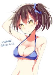Rule 34 | 10s, 1girl, :/, arm up, bare arms, bare shoulders, bikini, black hair, blue bikini, blush, breasts, cleavage, closed mouth, collarbone, eyebrows, hair ornament, hair scrunchie, hand on own head, highres, hizaka, kaga (kancolle), kantai collection, large breasts, looking at viewer, navel, scrunchie, side ponytail, simple background, solo, stomach, sweatdrop, swimsuit, twitter username, upper body, white background, yellow eyes