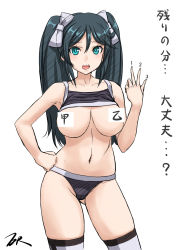 Rule 34 | 1girl, black hair, black panties, blue eyes, bra, bra lift, breasts, cameltoe, censored, censored nipples, clothes lift, commentary request, contrapposto, cowboy shot, hair ribbon, hand on own hip, highres, isuzu (kancolle), kantai collection, large breasts, long hair, novelty censor, panties, ribbon, simple background, solo, sports bra, sports bra lift, t2r, thighhighs, translation request, twintails, underwear, underwear only, unfinished, white background, white thighhighs