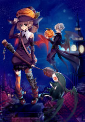 Rule 34 | 1boy, 1girl, absurdres, ascot, asymmetrical clothes, bat wings, black eyes, blood, boots, broom, brown hair, clock, clock tower, creature, detached sleeves, fishnet pantyhose, fishnets, formal, glowing, glowing eyes, hat, highres, jack-o&#039;-lantern, md5 mismatch, nail polish, orange eyes, orange thighhighs, pantyhose, pigeon-toed, pointy ears, profile, pumpkin, resized, resolution mismatch, skull, source smaller, thighhighs, torn clothes, torn legwear, tower, upscaled, white hair, wings, witch hat, yaichino