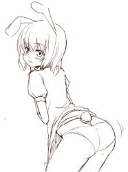 Rule 34 | 1girl, animal ears, ass, blush, clothes lift, dress, dress lift, female focus, greyscale, inaba tewi, ket-c, monochrome, panties, rabbit ears, rabbit girl, rabbit tail, short hair, smile, solo, tail, touhou, underwear