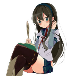 Rule 34 | 10s, 1girl, black hair, black thighhighs, blue eyes, book, chiyu (cotoritori), crossed legs, glasses, tucking hair, hairband, highres, hip vent, kantai collection, layered sleeves, long hair, long sleeves, necktie, ooyodo (kancolle), open book, pen, quill, red necktie, ribbon-trimmed legwear, ribbon trim, short over long sleeves, short sleeves, sitting, solo, thighhighs, uniform