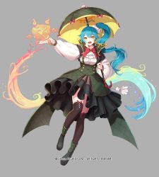 Rule 34 | 1girl, ahoge, blue hair, boots, bow, bowtie, company name, full body, grey background, gyakushuu no fantasica, long hair, magic, millgua, official art, open mouth, parasol, ponytail, simple background, teruterubouzu, thighhighs, umbrella, water, yellow eyes