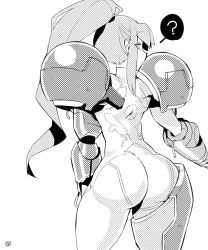 Rule 34 | 1girl, ?, arm cannon, armor, artist request, ass, bodysuit, female focus, from behind, greyscale, highres, huge ass, long hair, looking back, metroid, monochrome, nintendo, ponytail, samus aran, simple background, solo, weapon, white background, zero suit