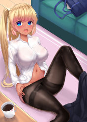 Rule 34 | 1girl, absurdres, amemiya arikapu, bag, black pantyhose, blonde hair, blue skirt, blush, breasts, carpet, clothes pull, coffee, coffee mug, collarbone, collared shirt, commentary request, couch, cup, gradient hair, groin, gyaru, highres, huge filesize, indoors, kogal, large breasts, leg up, long hair, long sleeves, looking at viewer, mole, mole under mouth, mug, multicolored hair, navel, open mouth, original, pantyhose, pantyhose pull, pink hair, ponytail, school bag, school uniform, shadow, shirt, sidelocks, sitting, skirt, skirt around one leg, solo, stomach, thighband pantyhose, undressing, very long hair, white shirt