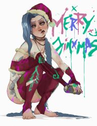 1girl absurdres ass asymmetrical_bangs bare_shoulders black_panties closed_mouth collarbone crop_top detached_sleeves frown gloves hat highres holding jinx_(league_of_legends) league_of_legends merry_christmas nail_polish panties red_gloves red_hat red_sleeves red_thighhighs santa_hat single_glove single_sleeve squatting tdp thighhighs toeless_legwear underwear white_background