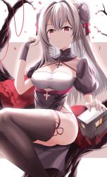 1girl, absurdres, azur lane, black legwear, breasts, china dress, chinese clothes, closed mouth, cross, cross necklace, dress, eyebrows visible through hair, grey hair, hair ornament, hair ribbon, hand up, highres, jewelry, long hair, looking at viewer, necklace, proverbs zhenyan, red eyes, ribbon, simple background, sitting, small breasts, solo, thighhighs, u-410 (azur lane), u-410 (spring festival scheme) (azur lane)