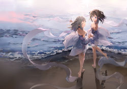 Rule 34 | 2girls, :d, ^ ^, absurdres, anmi, bare legs, bare shoulders, barefoot, beach, blush, breasts, brown hair, choker, cleavage, closed eyes, day, detached sleeves, dress, closed eyes, footprints, full body, highres, long sleeves, looking at viewer, multiple girls, ocean, one side up, open mouth, original, outdoors, purple choker, purple dress, purple eyes, silver hair, small breasts, smile, strapless, strapless dress, sunlight, walking, water