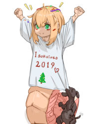 Rule 34 | 1girl, 2019, aged down, animal, arms up, blonde hair, clothes writing, confetti, dog, excited, eyeshadow, green eyes, hair between eyes, icti (materclaws), lamia, makeup, materclaws, monster girl, new year, original, shirt, short hair, simple background, smile, solo, tail, white background, white shirt