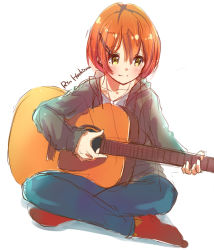 Rule 34 | 10s, 1girl, acoustic guitar, alternate costume, blush, character name, collarbone, guitar, hair ornament, hairclip, hairpin, hood, hood down, hoodie, hoshizora rin, indian style, instrument, jewelry, long sleeves, love live!, love live! school idol project, minase yuki, music, necklace, no shoes, orange hair, pants, playing instrument, short hair, simple background, sitting, smile, socks, solo, white background, yellow eyes