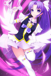 Rule 34 | 10s, 1girl, amane satsuki, boots, brooch, cure fortune, earrings, fortune tambourine, hair ornament, happinesscharge precure!, heart, heart brooch, hikawa iona, jewelry, long hair, magical girl, md5 mismatch, necktie, ponytail, precure, purple background, purple eyes, purple hair, purple skirt, skirt, smile, solo, thigh boots, thighhighs, very long hair, white thighhighs, wide ponytail, wings