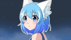 Rule 34 | 1girl, animal ears, bare shoulders, blue eyes, blue hair, expressionless, highres, night, night sky, short hair, sky, solo, spaghetti strap, star (sky), starry sky, virtual youtuber, wolf ears, wolf girl, wolfychu, wolfychu (artist)