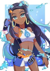 Rule 34 | 1girl, absurdres, armband, armlet, belly chain, black hair, blue background, blue eyes, blue eyeshadow, blue gloves, blue hair, blush, bubble, closed mouth, cowboy shot, creatures (company), dark-skinned female, dark skin, earrings, eyeshadow, game freak, gloves, hair ornament, highres, hoop earrings, jewelry, long hair, looking at viewer, makeup, multicolored clothes, multicolored gloves, multicolored hair, navel, necklace, nessa (pokemon), nintendo, outside border, partially fingerless gloves, piyo to game, pokemon, pokemon swsh, simple background, single glove, smile, solo, sportswear, streaked hair, thigh gap, water, wristband