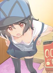 Rule 34 | &gt;:o, 1girl, :o, bad id, bad twitter id, baseball cap, black hair, black thighhighs, blue skirt, bra, breasts, caburi aki, commentary request, hair between eyes, hands on own hips, hat, holding, holding phone, inactive account, indoors, long hair, looking at viewer, medium breasts, nipple slip, nipples, open mouth, phone, pov, pov hands, red eyes, shirt, skirt, suspender skirt, suspenders, thighhighs, underwear, v-shaped eyebrows