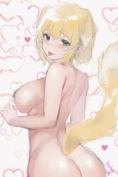 Rule 34 | 1girl, :3, ahoge, animal ears, areola slip, ass, backboob, bare shoulders, blonde hair, blue eyes, blush, breasts, dog ears, dog girl, dog tail, from behind, green eyes, heart, heart background, heterochromia, highres, large breasts, looking at viewer, looking back, median furrow, pasties, ryouna (senran kagura), s-polar12bears, senran kagura, senran kagura shinovi versus, short hair, shoulder blades, sketch, smile, solo, tail, tongue, tongue out