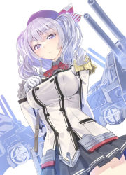 Rule 34 | 10s, 1girl, beret, blue eyes, breasts, buttons, cannon, epaulettes, female focus, frilled sleeves, frills, gloves, hair ribbon, hat, jacket, kantai collection, kashima (kancolle), kerchief, large breasts, long hair, looking down, machinery, miniskirt, pleated skirt, revision, ribbon, sidelocks, silver hair, skirt, solo, tsurime, turret, twintails, uniform, wavy hair, yahako
