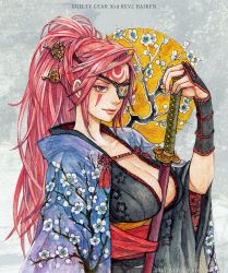 Rule 34 | 1girl, amputee, armor, baiken, between breasts, breasts, character name, cleavage, eyepatch, guilty gear, guilty gear xrd, hair ornament, hitsuki (hiidukii), japanese armor, japanese clothes, katana, kimono, kote, large breasts, long hair, obi, one-eyed, pink hair, ponytail, sash, solo, sword, tattoo, weapon