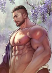 Rule 34 | 1boy, abs, bara, beard, chenyanyan, facial hair, from side, large pectorals, looking to the side, male focus, muscular, muscular male, nipples, original, pectorals, shadow, short hair, signature, smile, solo, standing