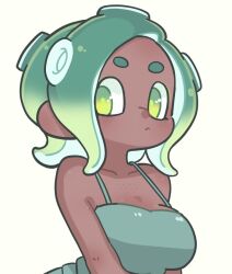 Rule 34 | 1girl, breasts, closed mouth, commentary, dark-skinned female, dark skin, gradient hair, green eyes, green hair, hekoningyou (waraningyou), medium hair, multicolored hair, nintendo, octoling, octoling girl, octoling player character, simple background, solo, splatoon (series), tentacle hair, thick eyebrows, upper body, white background