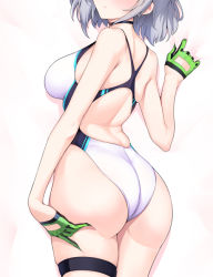 Rule 34 | 1girl, ass, ass focus, blue archive, breasts, choker, competition swimsuit, dakimakura (medium), from behind, gloves, green gloves, grey hair, halcon, hand on own ass, head out of frame, ishikawa kuma yarou, large breasts, medium hair, one-piece swimsuit, shiroko (blue archive), solo, swimsuit, thigh strap, white one-piece swimsuit