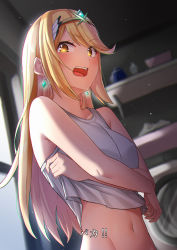 Rule 34 | 1girl, absurdres, blonde hair, breasts, highres, large breasts, long hair, mythra (xenoblade), navel, slope (check238), solo, stomach, swept bangs, translation request, undressing, very long hair, xenoblade chronicles (series), xenoblade chronicles 2, yellow eyes