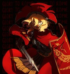 Rule 34 | 1girl, armor, black background, blonde hair, blood, blood on clothes, blood on face, bloody weapon, cape, centurii-chan, centurii-chan (artist), clothing request, commentary, english commentary, english text, gladius, greco-roman clothes, helmet, highres, holding, holding shield, holding sword, holding weapon, original, partially shaded face, plume, red cape, red eyes, red tunic, roman armor, roman clothes, roman empire, shield, short hair, smile, solo, sword, text background, weapon