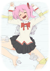 Rule 34 | 1girl, afterimage, arms up, barefoot, bdsm, bed sheet, black skirt, blush, bondage, bound, bow, bowtie, clenched hands, closed eyes, disembodied hand, female focus, flat chest, tickling feet, from above, full-face blush, hair ribbon, kaname madoka, laughing, long sleeves, lying, mahou shoujo madoka magica, mitakihara school uniform, motion lines, on back, open mouth, pink hair, pleated skirt, red bow, red bowtie, red ribbon, ribbon, salpin, school uniform, shirt, short hair, short twintails, skirt, smile, solo, spread legs, sweat, tears, textless version, tickling, trembling, twintails