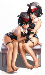 Rule 34 | 10s, 2girls, :d, arm support, artist name, bare arms, bare legs, bare shoulders, barefoot, bench, black gloves, black hair, black one-piece swimsuit, blush, breasts, brown eyes, character name, clothes writing, crop top, feet, framed breasts, full body, glint, gloves, hair between eyes, hat, headset, highres, holding own arm, i-13 (kancolle), i-14 (kancolle), kantai collection, leaning to the side, legs together, looking at viewer, multiple girls, novcel, one-piece swimsuit, open mouth, partially fingerless gloves, sailor collar, school swimsuit, siblings, simple background, single glove, sisters, sleeveless, small breasts, smile, swimsuit, thigh strap, thighs, toenails, toes, white background