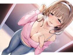 Rule 34 | 1girl, absurdres, blue pants, blunt bangs, blush, bra strap, breasts, brown hair, collarbone, denim, headband, highres, jeans, large breasts, long hair, long sleeves, looking at viewer, navel, non-web source, open mouth, original, pants, pink sweater, purple eyes, sidelocks, smile, solo, standing, sweat, sweater, umihal
