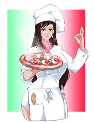 Rule 34 | 1girl, apron, breasts, brown hair, chef hat, commentary, dwps, earrings, english commentary, female focus, final fantasy, final fantasy vii, final fantasy vii remake, food, hat, highres, holding, holding tray, italian flag, italian senate porn livestream (meme), jewelry, large breasts, long hair, meme, ok sign, pizza, red eyes, smile, solo, spoon, square enix, tifa lockhart, tray, v-shaped eyebrows, white hat