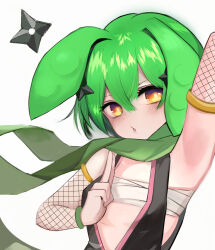 Rule 34 | 1girl, alternate costume, armpits, black shirt, blush, breasts, commentary request, detached sleeves, fishnet sleeves, fishnets, green scarf, hair between eyes, highres, kuji-in, long bangs, looking at viewer, naonaonina, ninja, open mouth, pea pod, plunging neckline, sarashi, scarf, shirt, short hair, simple background, sleeveless, sleeveless shirt, small breasts, solo, upper body, voiceroid, voicevox, white background, yellow eyes, zundamon