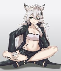Rule 34 | 1girl, ahoge, animal ear fluff, animal ears, arknights, bandeau, black coat, black footwear, black nails, black shorts, boots, coat, collarbone, eyes visible through hair, fang, fang out, full body, gradient background, green eyes, grey background, grey hair, hair between eyes, hair ornament, hairclip, hand on own chin, hand on own leg, highres, indian style, lappland (arknights), long hair, long sleeves, looking at viewer, material growth, messy hair, midriff, nail polish, nav (itsnav), navel, open clothes, open coat, oripathy lesion (arknights), scar, scar across eye, scar on face, short shorts, shorts, simple background, sitting, smile, solo, strapless, tube top, very long hair, wolf ears