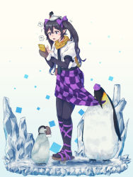 Rule 34 | 1girl, ?, animal, animal on head, baby penguin, bird, bird on head, biting, biting clothes, black hair, black pantyhose, blush, bow, cellphone, checkered clothes, checkered skirt, cross-laced clothes, cross-laced legwear, dress shirt, flying sweatdrops, full body, fur trim, geta, gloves, hair between eyes, hair bow, hat, himekaidou hatate, holding, holding phone, ice, layered sleeves, long hair, long sleeves, mittens, unworn mittens, mouth hold, mumyuu, necktie, no headwear, no wings, on head, open mouth, pantyhose, penguin, phone, pointy ears, puffy short sleeves, puffy sleeves, purple bow, scarf, shirt, short over long sleeves, short sleeves, single glove, skirt, spoken question mark, standing, tengu-geta, tokin hat, touhou, twintails, white shirt, winter clothes