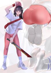 Rule 34 | 1girl, arm up, ass, bag, baseball cap, black hair, blood, blunt bangs, commentary, english commentary, feet, from behind, ghhoward, green eyes, hair ornament, hair ribbon, hat, holding, holding sword, holding weapon, leaning to the side, leggings, long hair, looking at viewer, multiple views, no shoes, original, oversized clothes, oversized shirt, parted bangs, pink headwear, pink leggings, red ribbon, ribbed socks, ribbon, shirt, shoes, short sleeves, shoulder bag, sneakers, socks, soles, sword, toes, weapon, white footwear, white socks, zoom layer