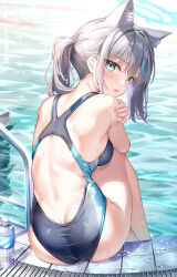 Rule 34 | 1girl, animal ear fluff, animal ears, ass, back, bare arms, bare shoulders, blue archive, blue eyes, blush, bottle, breasts, commentary request, competition swimsuit, cross hair ornament, crossed arms, extra ears, from behind, fujima takuya, grey hair, hair ornament, halo, hand on own arm, highleg, highleg swimsuit, looking at viewer, medium breasts, mismatched pupils, multicolored clothes, multicolored swimsuit, official alternate costume, one-piece swimsuit, open mouth, pool, poolside, self hug, shiroko (blue archive), shiroko (swimsuit) (blue archive), sitting, solo, swimsuit, wading, water, water bottle, wet, wolf ears
