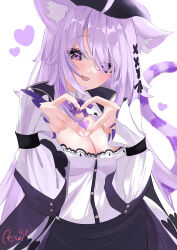 Rule 34 | 1girl, absurdres, ahoge, animal ear fluff, animal ears, beret, black headwear, black skirt, blush, breasts, cat ears, cat girl, cat tail, cleavage, cleavage cutout, clothing cutout, collared shirt, hair over one eye, hat, heart, heart hands, heart on chest, highres, hololive, jacket, large breasts, long hair, looking at viewer, nekomata okayu, nekomata okayu (wonderland), official alternate costume, open mouth, purple jacket, reitou mkn, shirt, skirt, smile, tail, virtual youtuber, white background, white shirt