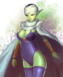 Rule 34 | 1girl, alien, breasts, cape, cleavage, colored skin, dragon ball, dragonball z, genderswap, genderswap (mtf), green skin, large breasts, leotard, meto31, piccolo, pointy ears, red eyes, solo, thighhighs, turban