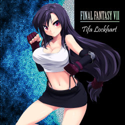 Rule 34 | 1990s (style), 1girl, black hair, breasts, character name, cleavage, clenched hand, clenched hands, copyright name, elbow gloves, elbow pads, female focus, final fantasy, final fantasy vii, fingerless gloves, gloves, grune, highres, large breasts, long hair, low-tied long hair, midriff, miniskirt, mosaic background, navel, pencil skirt, red eyes, retro artstyle, shirt, skirt, smile, solo, suspender skirt, suspenders, tank top, taut clothes, taut shirt, tifa lockhart, very long hair