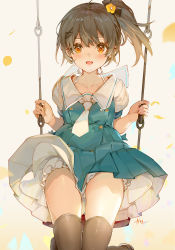 Rule 34 | 1girl, ahoge, akizero1510, black thighhighs, blue dress, blush, brown eyes, brown hair, dress, flower, hair flower, hair ornament, hairclip, highres, holding, looking at viewer, necktie, open mouth, original, sailor collar, short sleeves, side ponytail, signature, sitting, solo, swing, thighhighs, white necktie, white sailor collar, x hair ornament