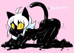 Rule 34 | animal ears, ass, black cat, black skin, breasts, cat, cat ears, cat girl, cat tail, colored sclera, colored skin, looking at viewer, monster girl, nenekoko (rariatto), nipples, non-web source, nude, original, rariatto (ganguri), slime girl, slit pupils, tail, white hair, yellow sclera